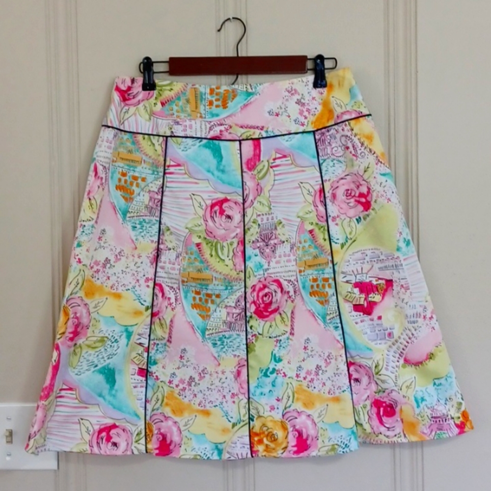 Bay Studio💐 W-10P Printed Aline Skirt. Pink,White,Aqua,Yellow with Black Piping